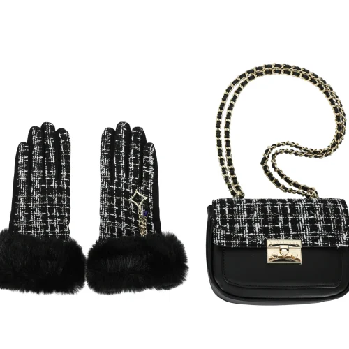 סט תיק וכפפות חורפי משובץ